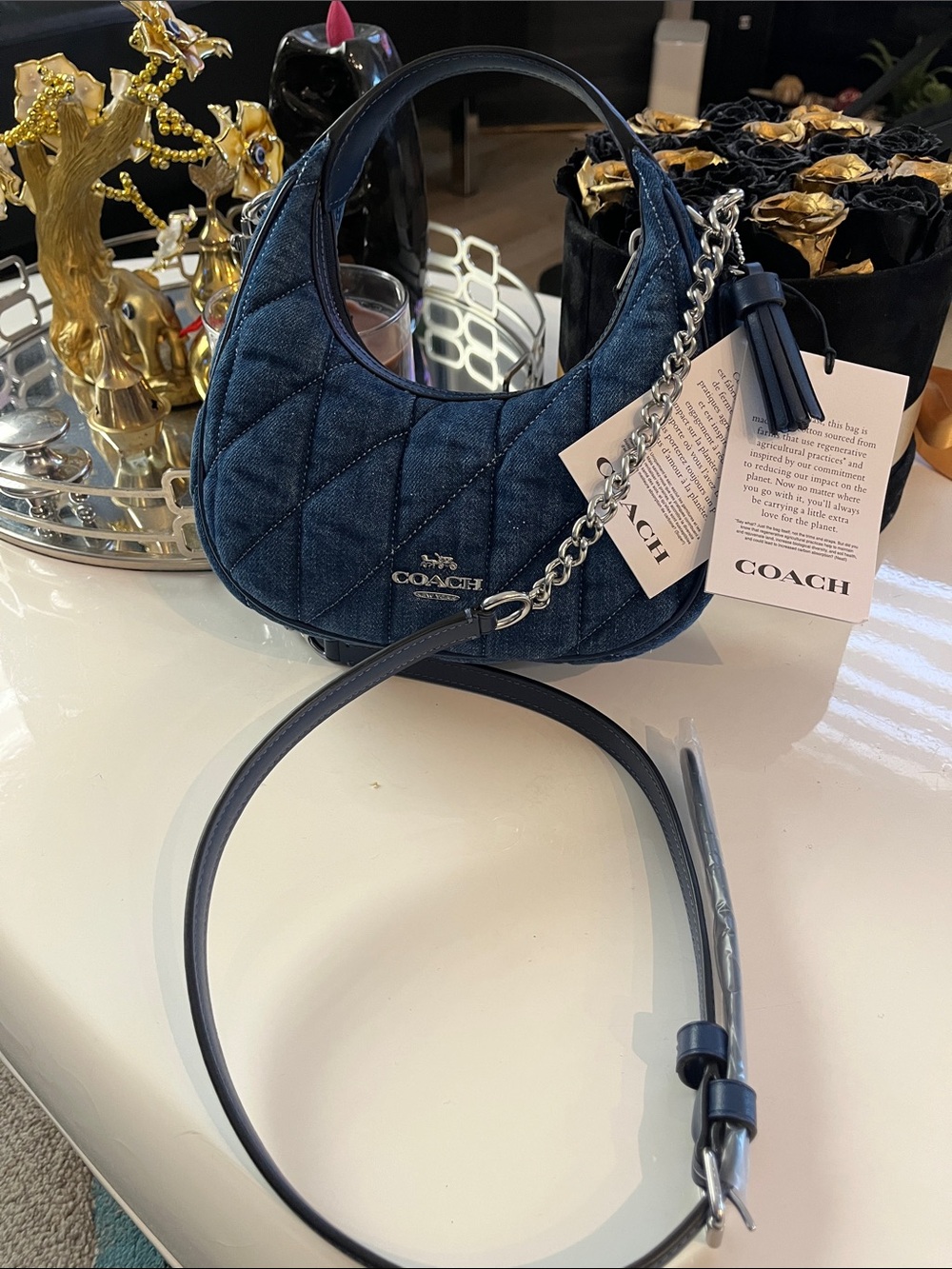 COACH Quilted Dark Blue Denim Crescent Shoulder Bag with Silver Chain